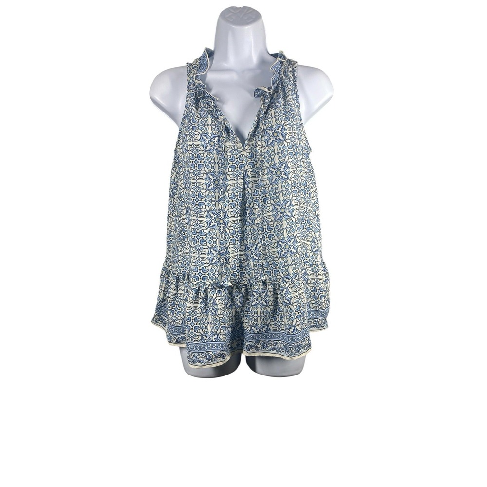 Max Studio Halter V-neck Ruffles Sleeveless Top Blue Gray Allover Print Women XS
